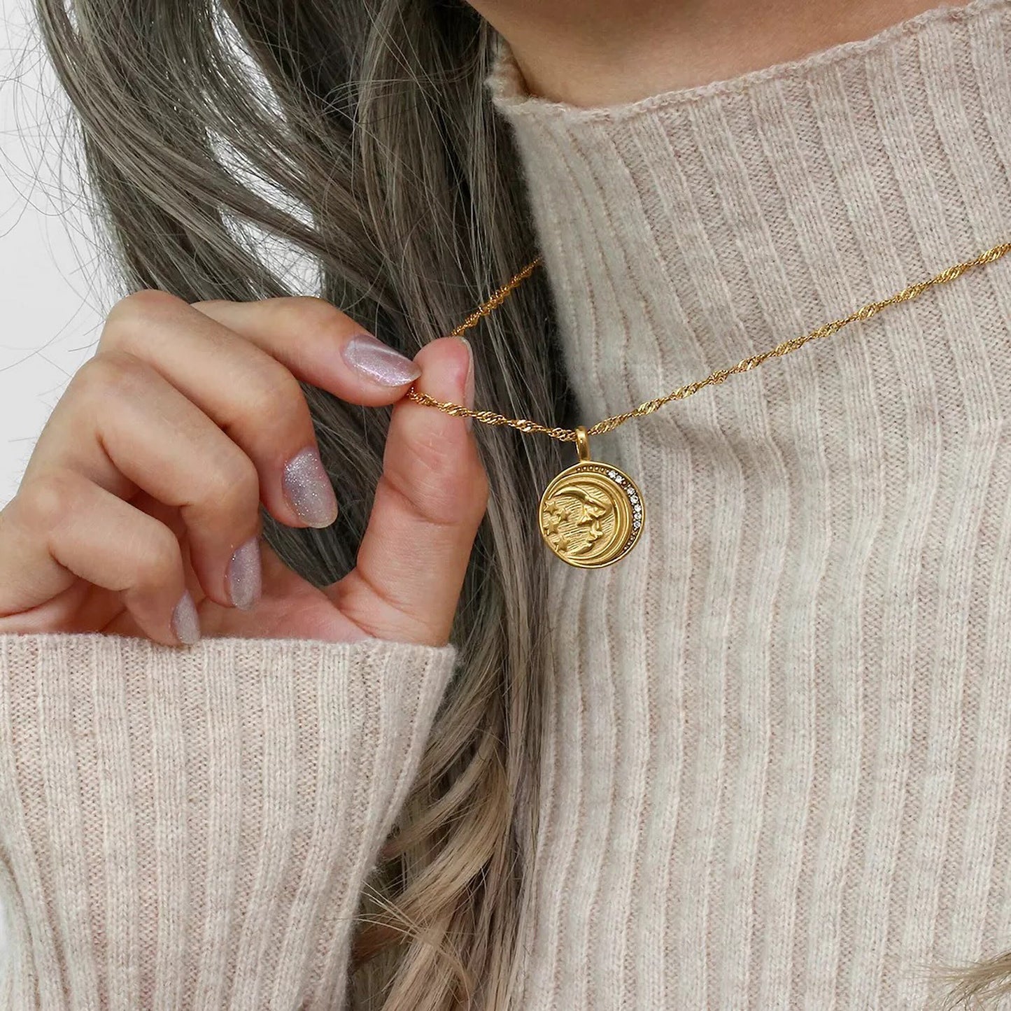 18K Gold Plated Double Side Zircon Moon Star Necklace, Designer Necklace Coin Pendant Necklace