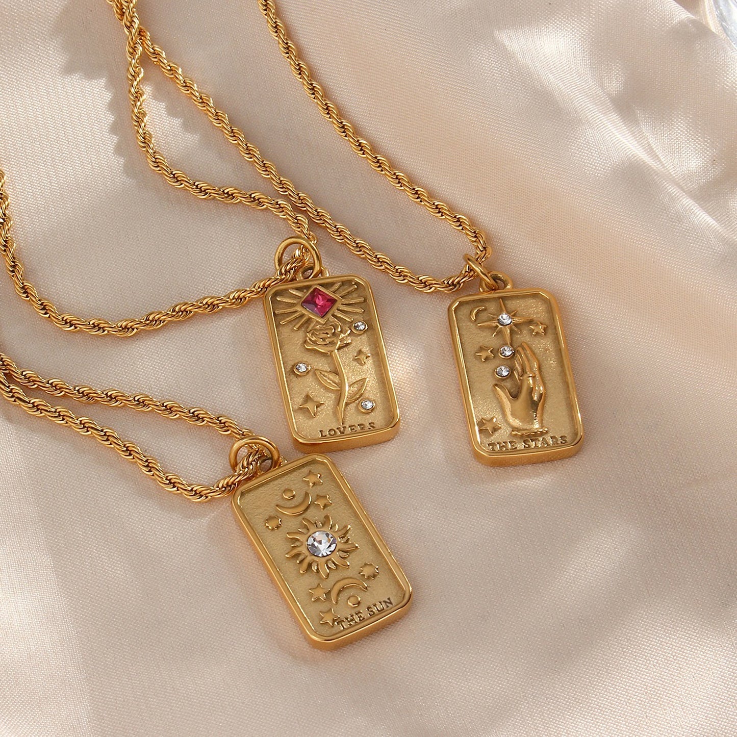 18K Gold Square Zircon Sun Star Tarot Card Pendant Necklace Lovers Engraved