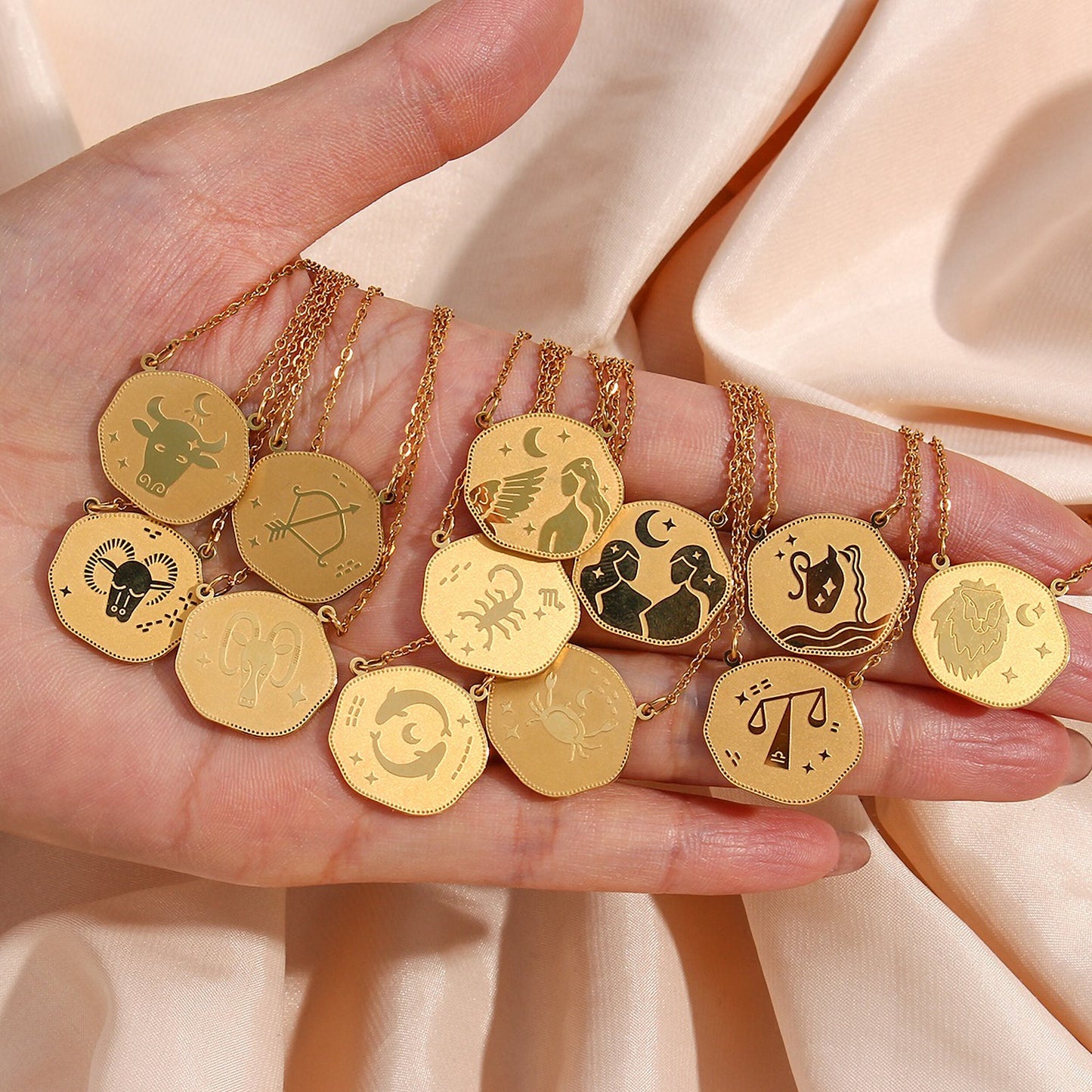 18K Gold Tarnish Free Irregular Disc Horoscope Stainless Steel Link Chain Pendant Necklace