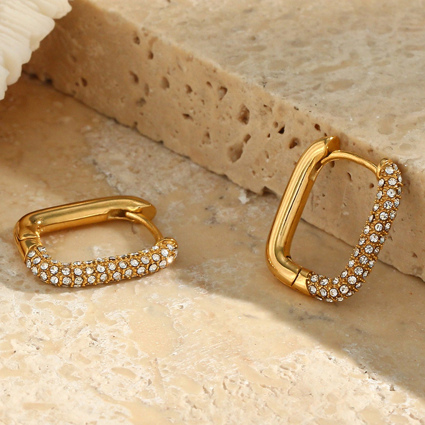 18K Gold Plated Elegant Geometric Zircon Huggie Earrings, Diamond Square Hoop Earrings, Gold Plated Stainless Steel Hoop Earring
