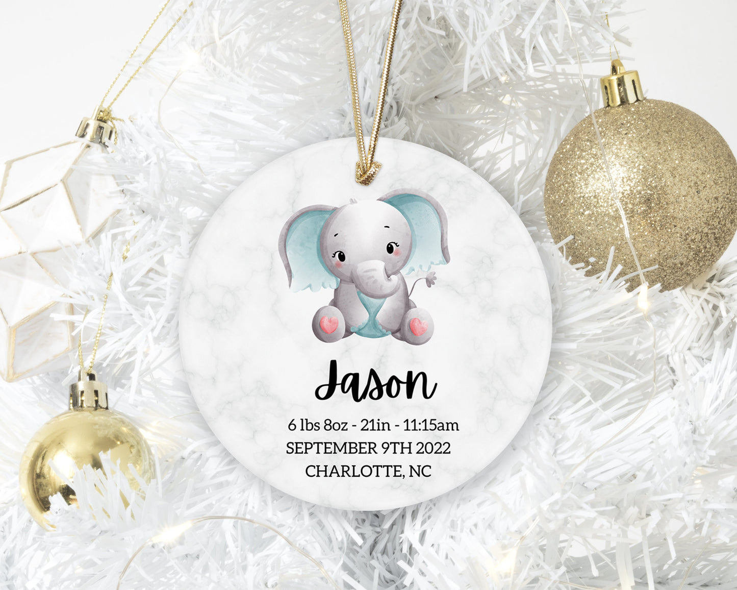 Baby's First Elephant Boy Christmas Ornament - Personalized Baby Stats First Christmas Ornament - Custom Baby Ceramic Christmas Ornament