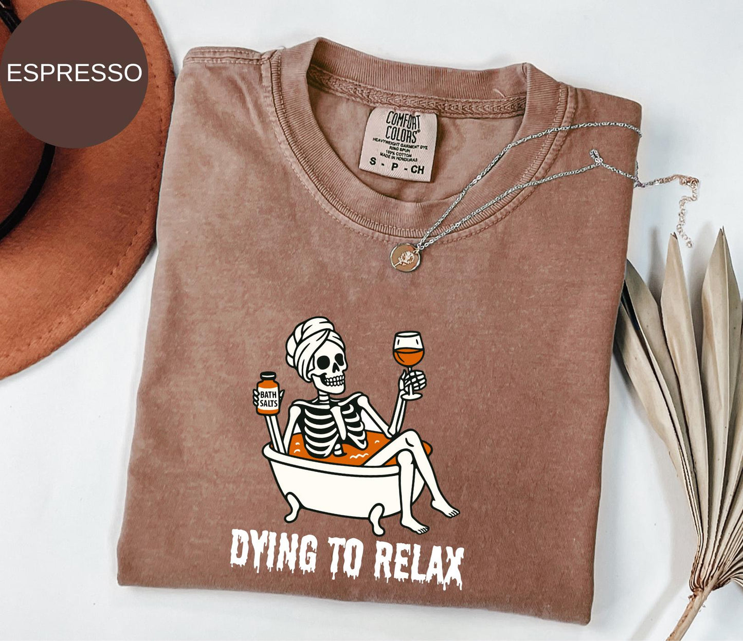 Comfort Colors® Women Halloween Tshirt,Halloween Tee,Spooky Season Shirt,Dying to Relax Shirt,Skeleton.Coffee Tee,Funny Fall Shirt