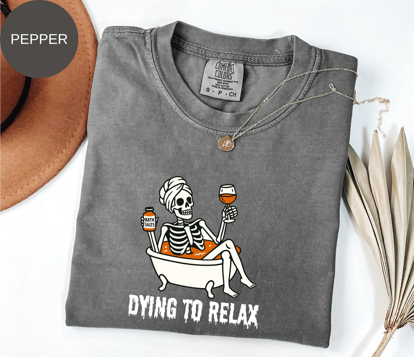 Comfort Colors® Women Halloween Tshirt,Halloween Tee,Spooky Season Shirt,Dying to Relax Shirt,Skeleton.Coffee Tee,Funny Fall Shirt