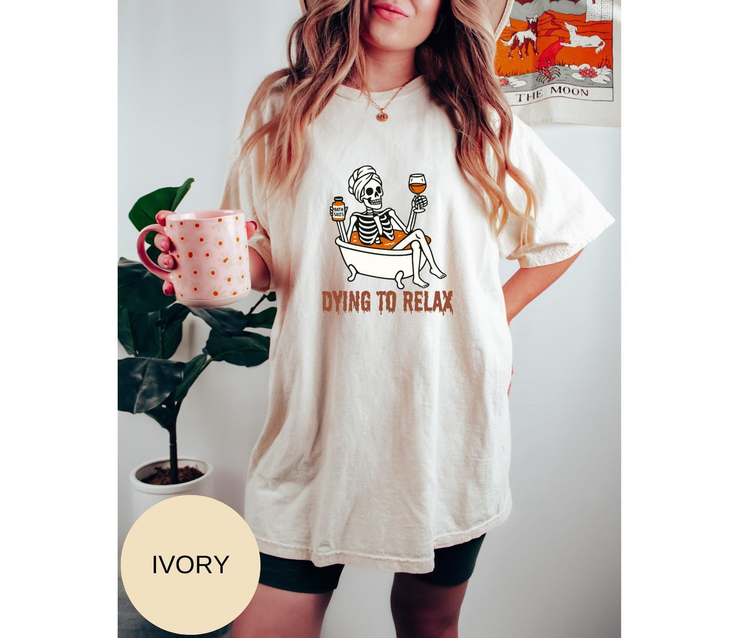Comfort Colors® Women Halloween Tshirt,Halloween Tee,Spooky Season Shirt,Dying to Relax Shirt,Skeleton.Coffee Tee,Funny Fall Shirt