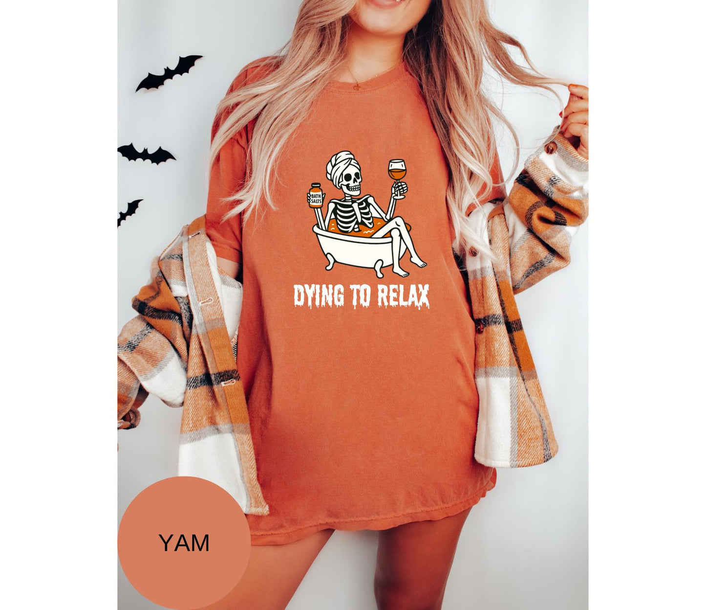 Comfort Colors® Women Halloween Tshirt,Halloween Tee,Spooky Season Shirt,Dying to Relax Shirt,Skeleton.Coffee Tee,Funny Fall Shirt