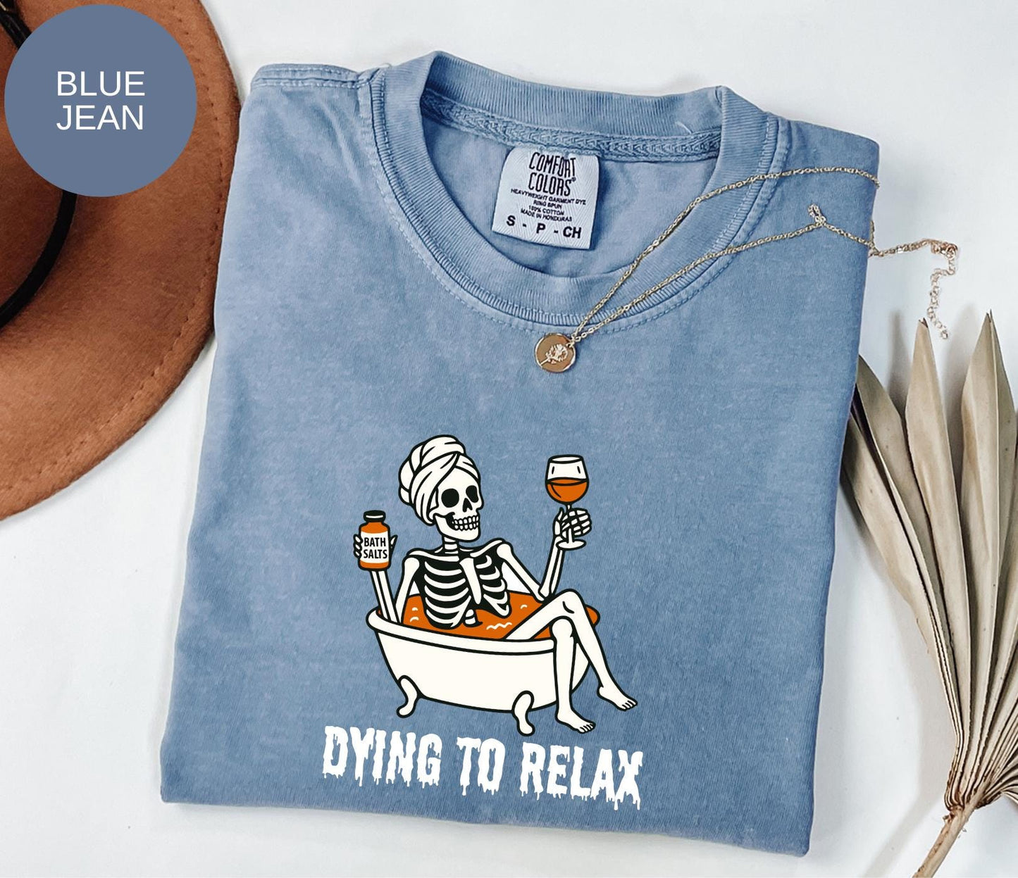 Comfort Colors® Women Halloween Tshirt,Halloween Tee,Spooky Season Shirt,Dying to Relax Shirt,Skeleton.Coffee Tee,Funny Fall Shirt