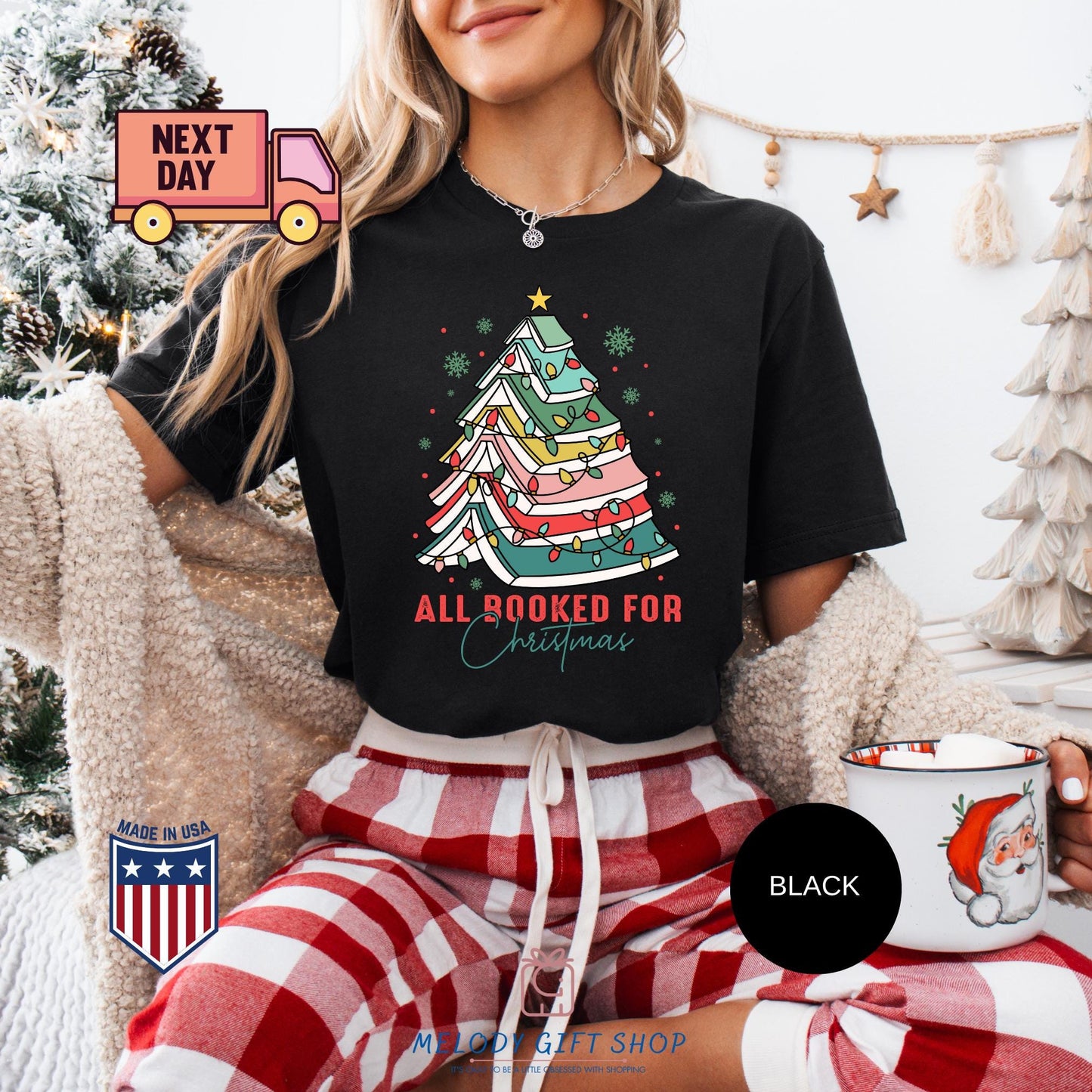 All Booked for Christmas Shirt, Book Lover Xmas Tee, Funny Holiday Reading TShirt, Cozy Bookworm Gift, Cute Christmas Tree Book Shirt