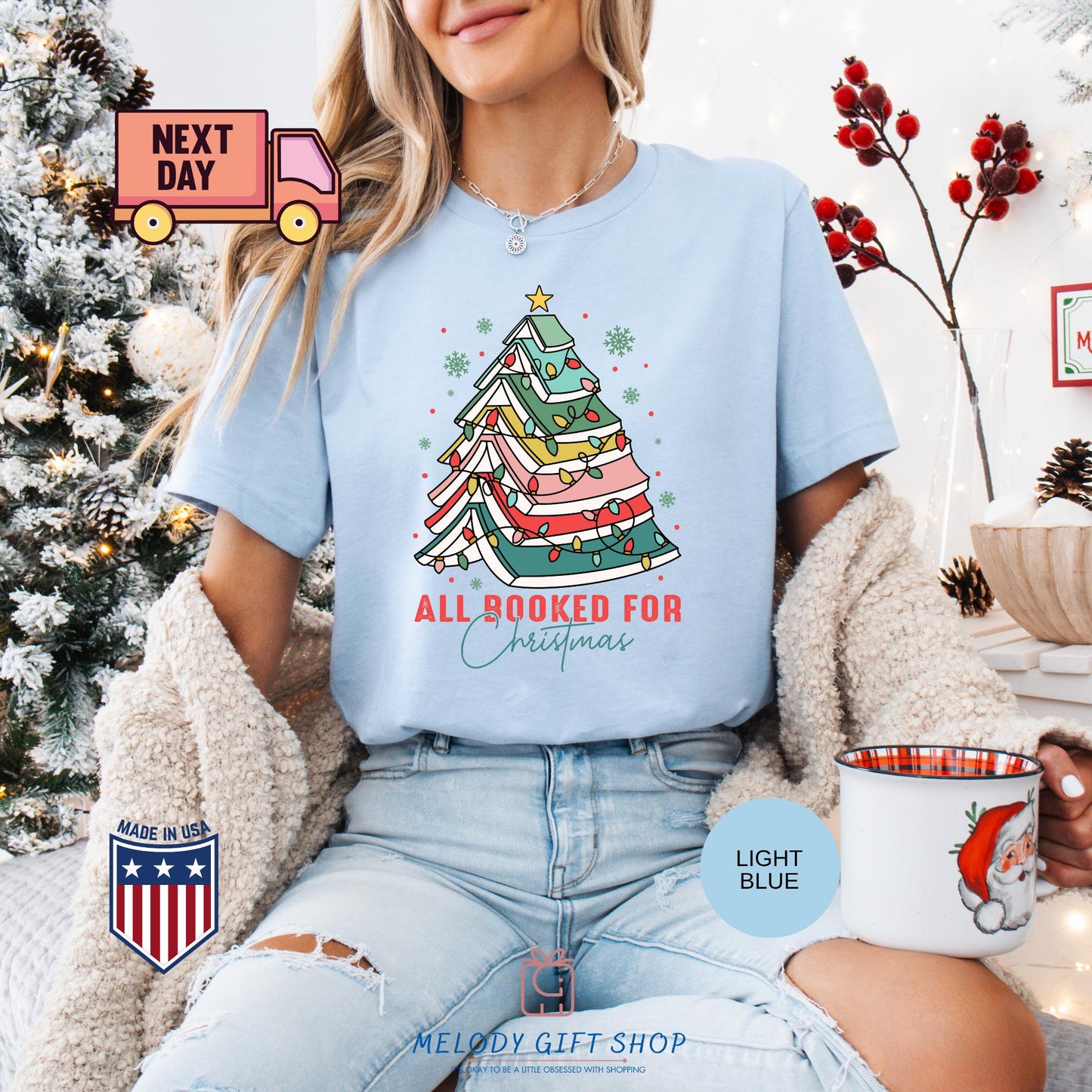 All Booked for Christmas Shirt, Book Lover Xmas Tee, Funny Holiday Reading TShirt, Cozy Bookworm Gift, Cute Christmas Tree Book Shirt