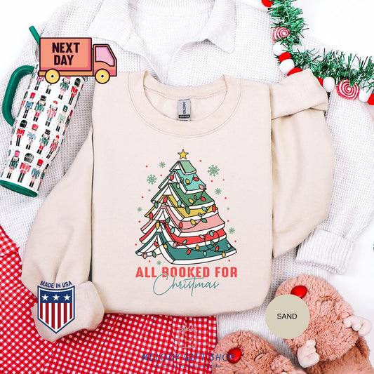 All Booked for Christmas Shirt, Book Lover Xmas Tee, Funny Holiday Reading TShirt, Cozy Bookworm Gift, Cute Christmas Tree Book Shirt