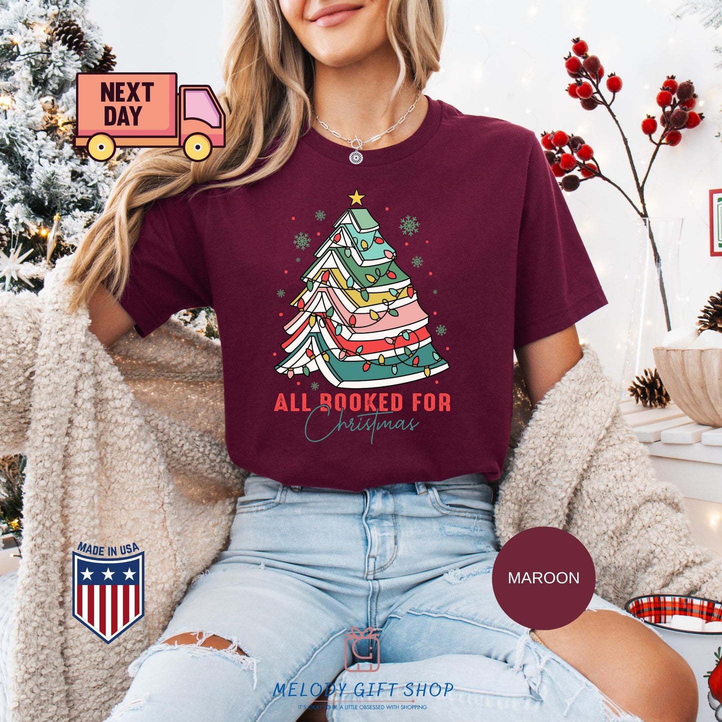 All Booked for Christmas Shirt, Book Lover Xmas Tee, Funny Holiday Reading TShirt, Cozy Bookworm Gift, Cute Christmas Tree Book Shirt