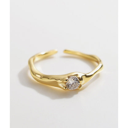 18K Gold Zircon Rings, Solitaire Ring, Dainty Stacking Ring, Wave Band Ring, Simple Statement Ring, Adjustable Ring, Minimalist Ring