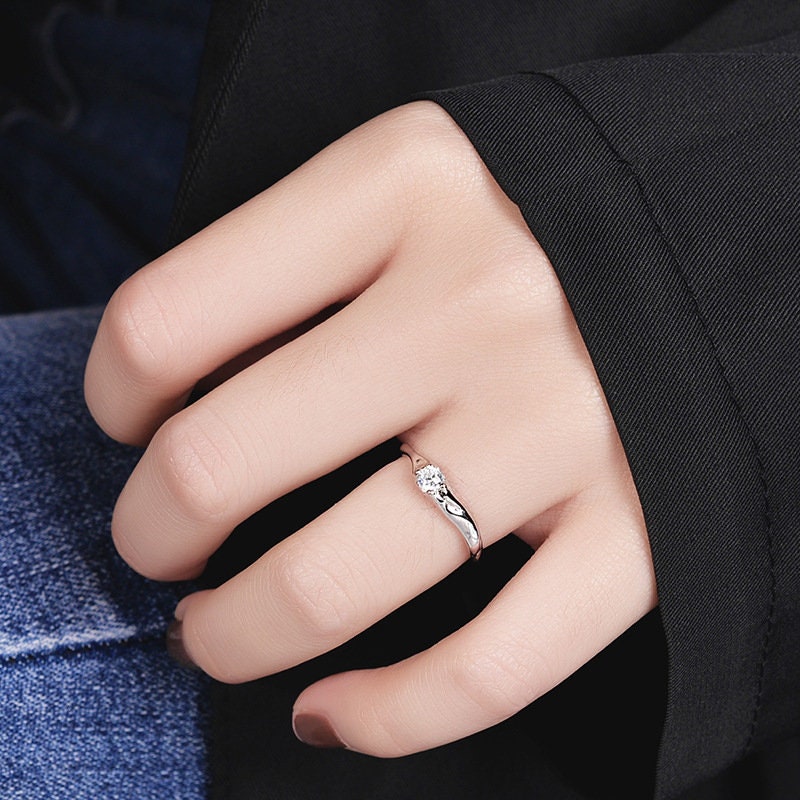 18K Gold Zircon Rings, Solitaire Ring, Dainty Stacking Ring, Wave Band Ring, Simple Statement Ring, Adjustable Ring, Minimalist Ring