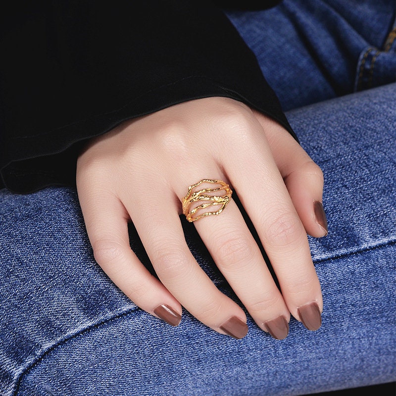 Minimalist Irregular Ring, Lava Ring, Hammered Textured Ring, Chunky Ring, Bold Ring, Unique Statement Ring, Vintage Gold Ring, Crease Ring