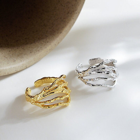 Minimalist Irregular Ring, Lava Ring, Hammered Textured Ring, Chunky Ring, Bold Ring, Unique Statement Ring, Vintage Gold Ring, Crease Ring