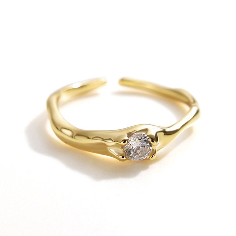 18K Gold Zircon Rings, Solitaire Ring, Dainty Stacking Ring, Wave Band Ring, Simple Statement Ring, Adjustable Ring, Minimalist Ring