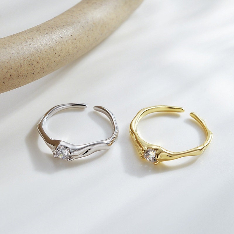 18K Gold Zircon Rings, Solitaire Ring, Dainty Stacking Ring, Wave Band Ring, Simple Statement Ring, Adjustable Ring, Minimalist Ring