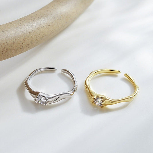 18K Gold Zircon Rings, Solitaire Ring, Dainty Stacking Ring, Wave Band Ring, Simple Statement Ring, Adjustable Ring, Minimalist Ring