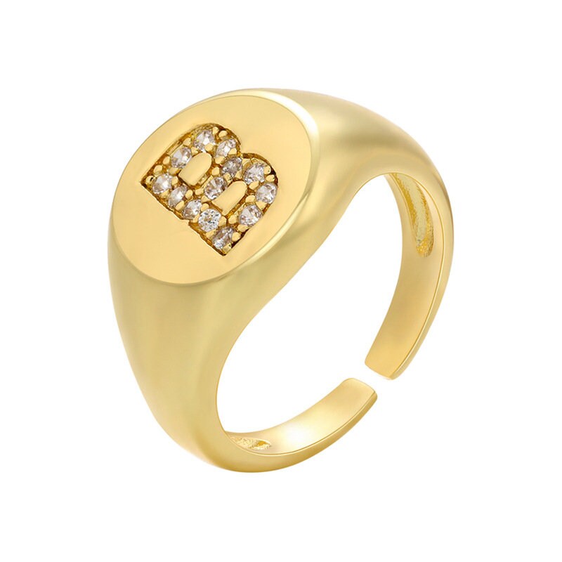 18K Gold Vermeil Initial Letter Ring, Signet Ring Gold Initial Letter CZ Stone, Dainty Round Signet Ring, Gold Monogram Personalized ring