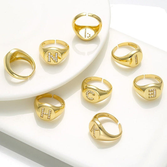 18K Gold Vermeil Initial Letter Ring, Signet Ring Gold Initial Letter CZ Stone, Dainty Round Signet Ring, Gold Monogram Personalized ring