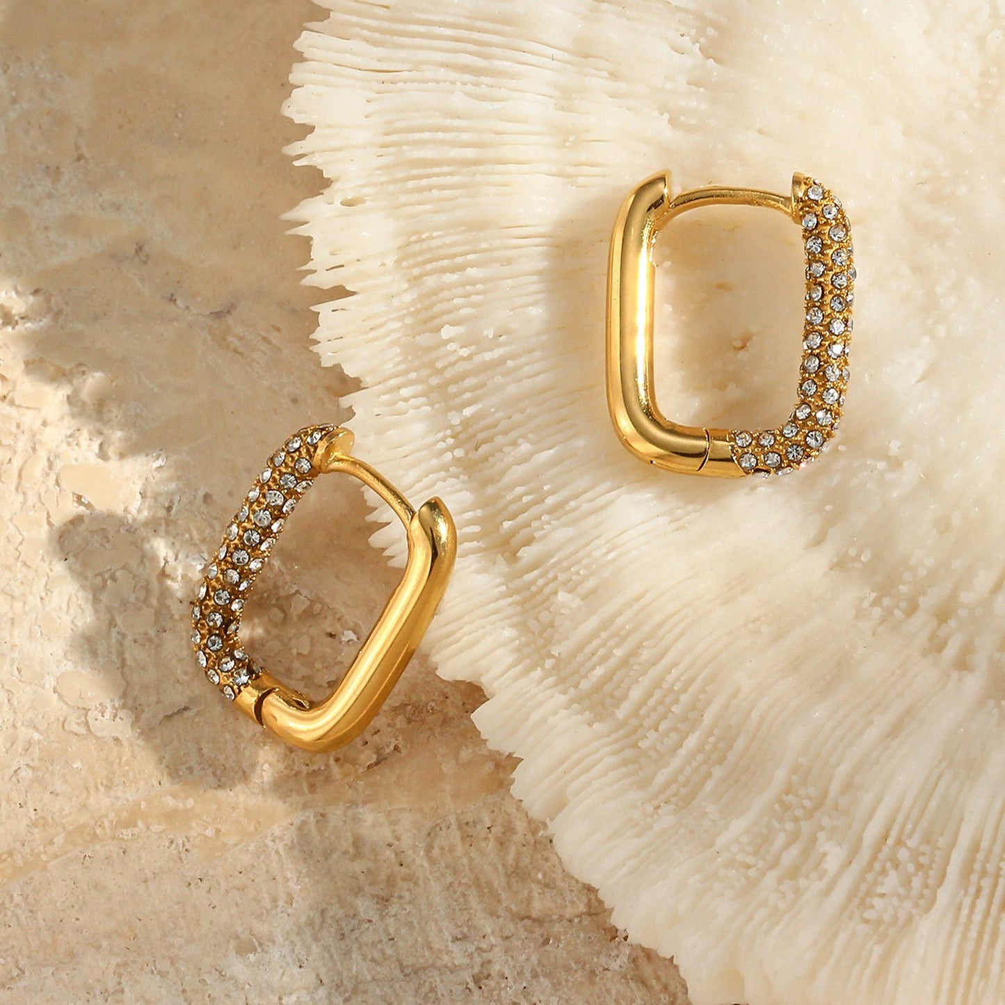 18K Gold Plated Elegant Geometric Zircon Huggie Earrings,  Diamond Square Hoop Earrings,  Gold Plated Stainless Steel Hoop Earring