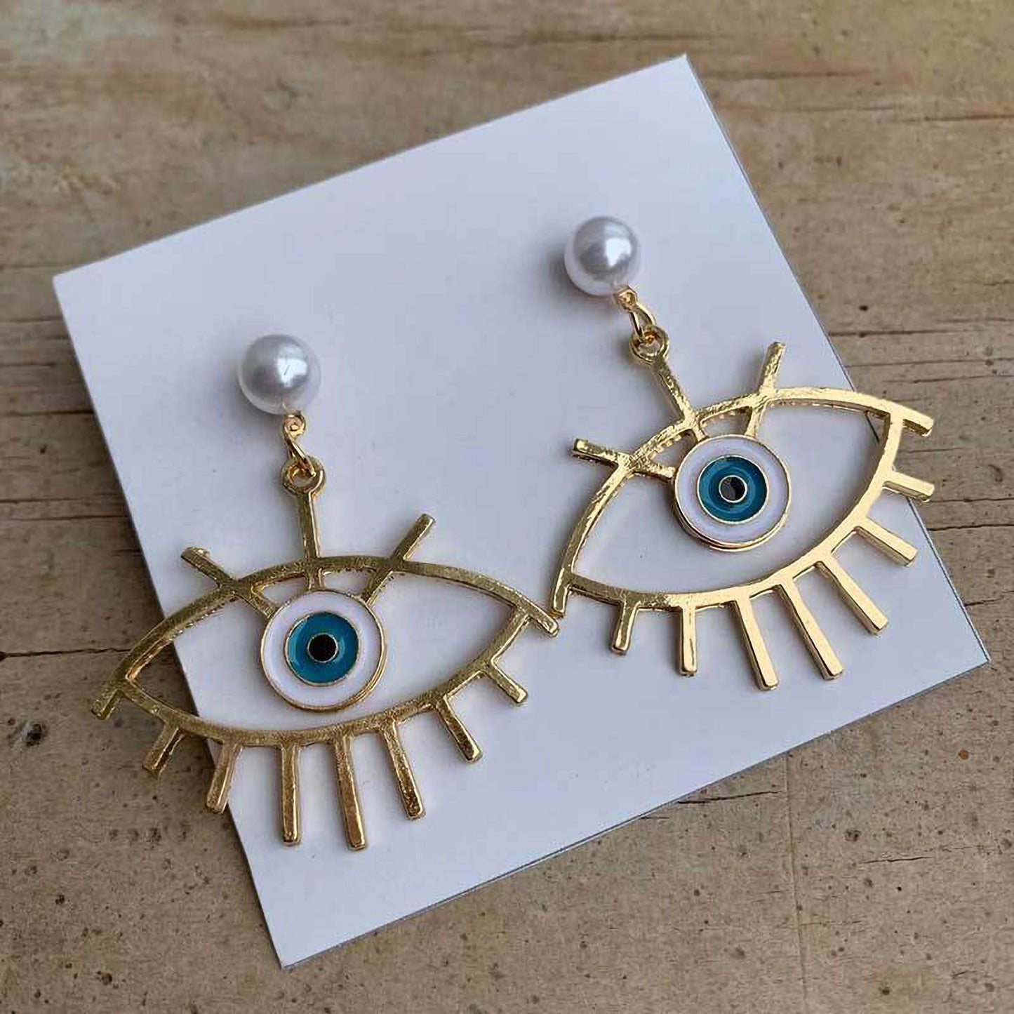 Gold Color Circle Loop Pearl Wiring Evil Eye Dangle Earrings, Boho Earrings, Bohemian Evil Eye Earrings