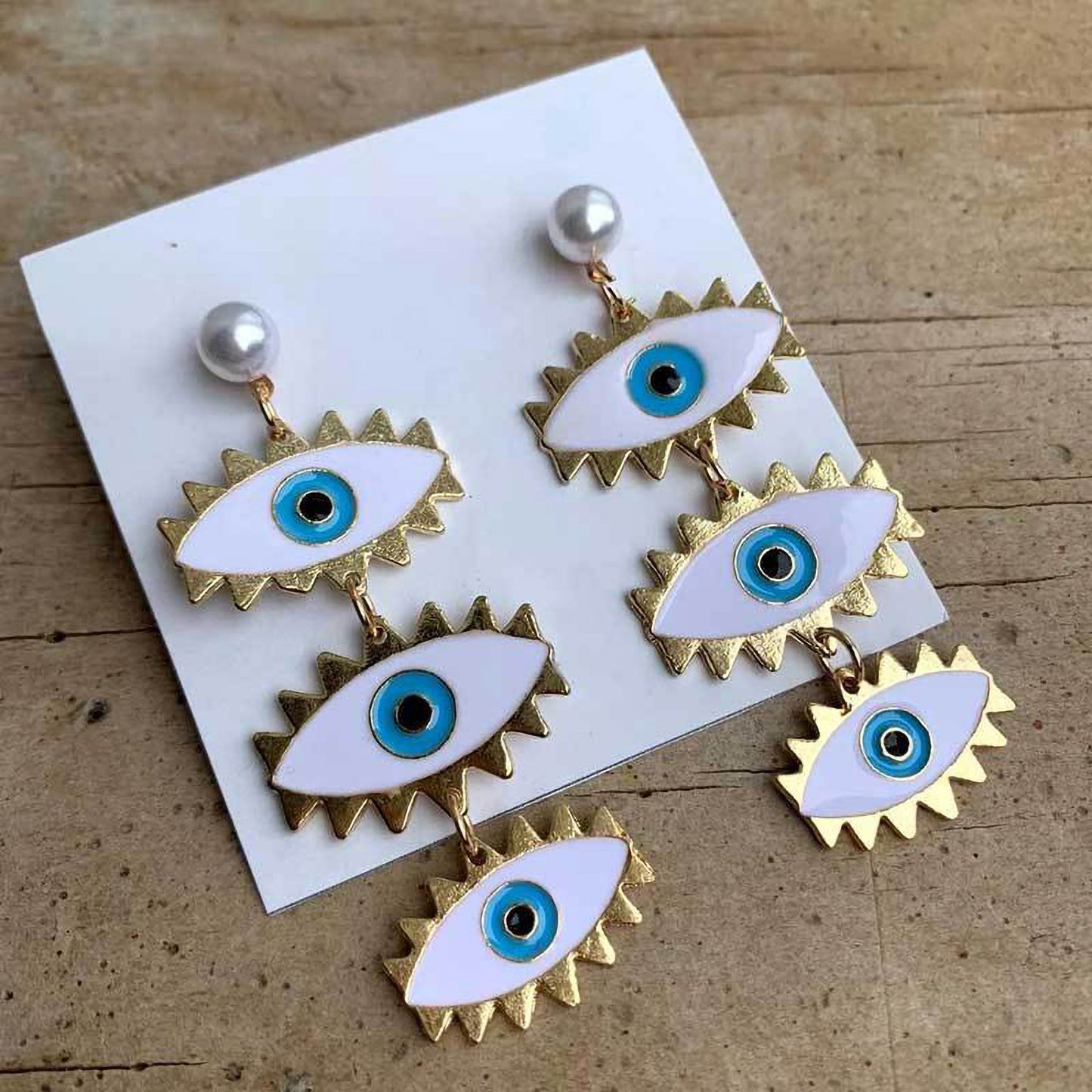 Gold Color Circle Loop Pearl Wiring Evil Eye Dangle Earrings, Boho Earrings, Bohemian Evil Eye Earrings