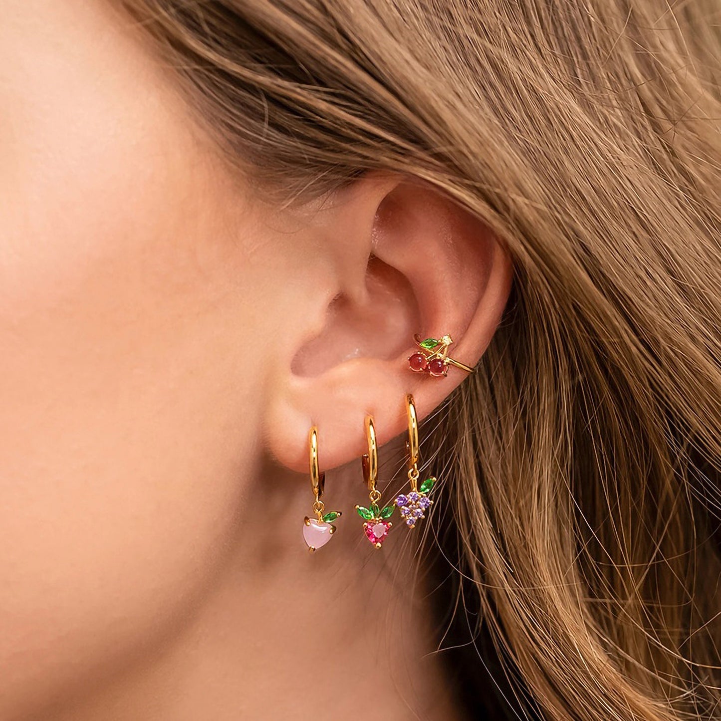 Multicolor Cubic Zircon Cuff Huggie Earrings,  Adjustable Earring, Cute Fruit Lady Earrings