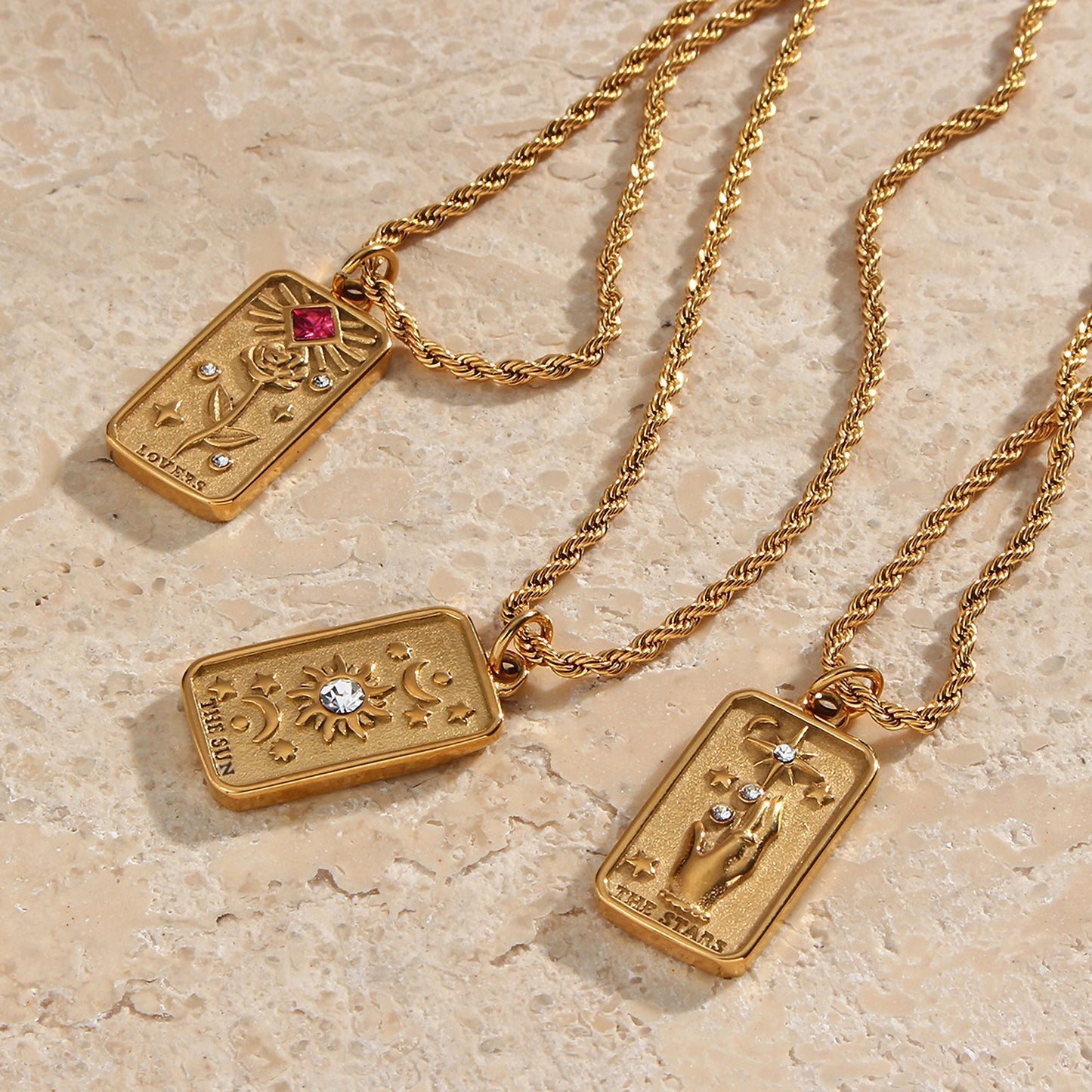 18K Gold Square Zircon Sun Star Tarot Card Pendant Necklace Lovers Engraved