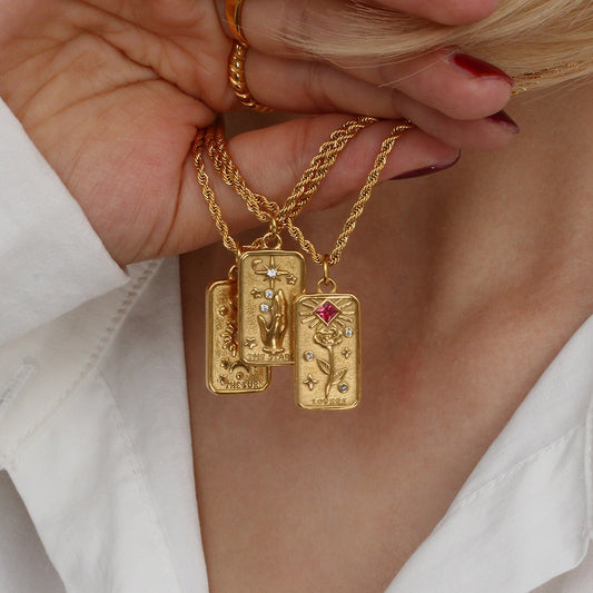 18K Gold Square Zircon Sun Star Tarot Card Pendant Necklace Lovers Engraved