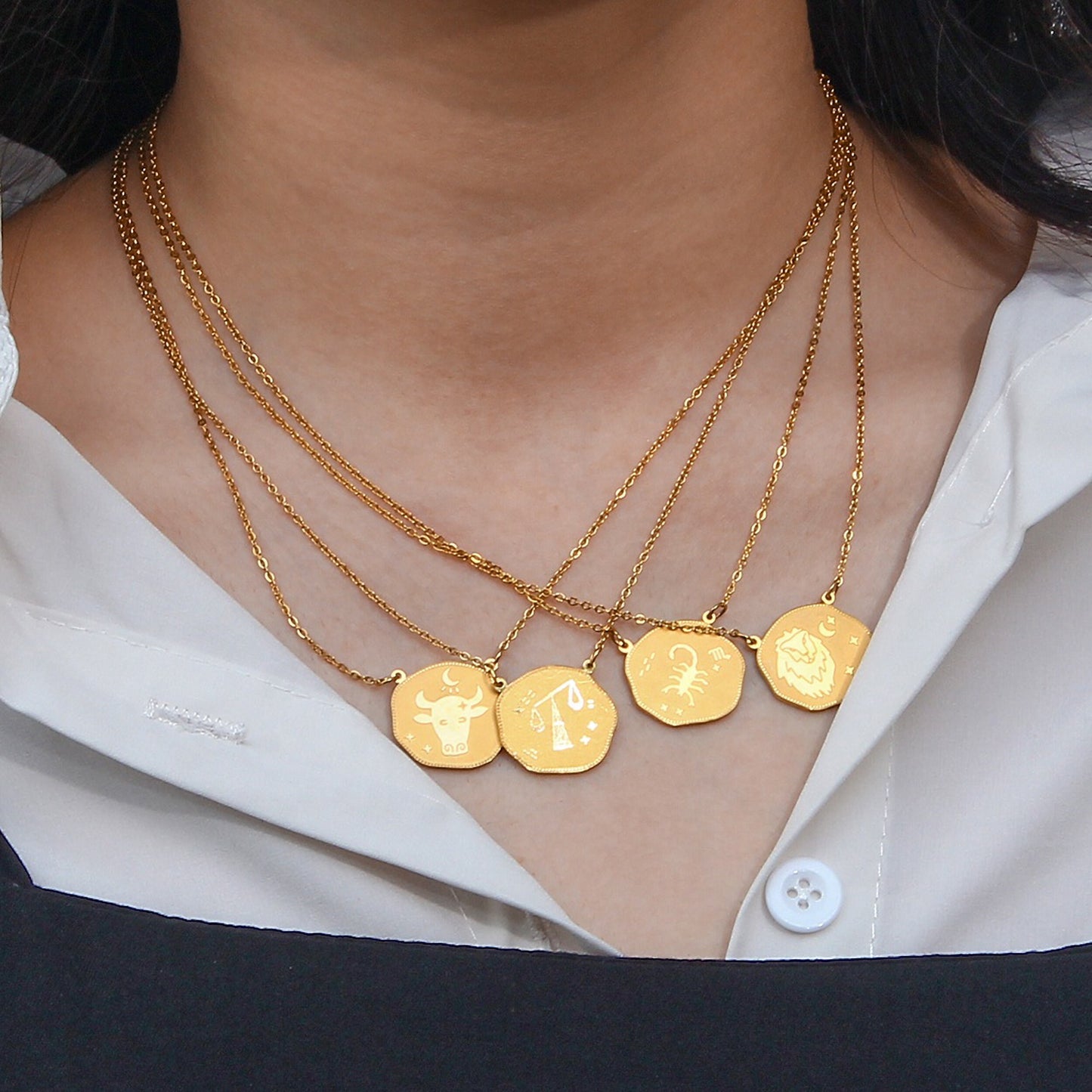 18K Gold Tarnish Free Irregular Disc Horoscope Stainless Steel Link Chain Pendant Necklace