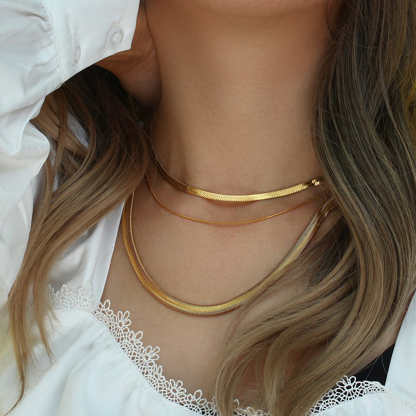 18K Gold Plated Tarnish Free Jewelry Chunky 5mm Blade Chain Necklace Gold Plated Stainless Steel Long Chain Necklace Stacked Necklaces