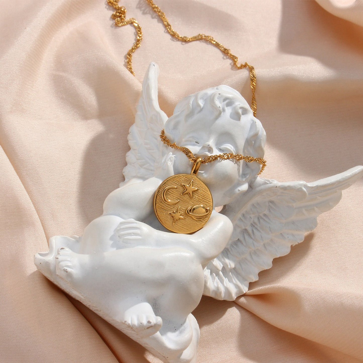 18K Gold Plated Double Side Zircon Moon Star Necklace, Designer Necklace Coin Pendant Necklace