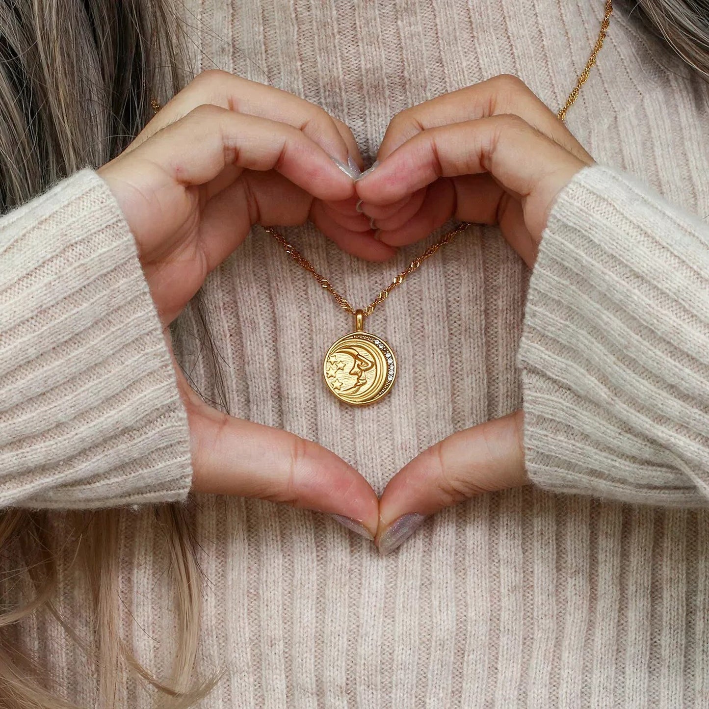 18K Gold Plated Double Side Zircon Moon Star Necklace, Designer Necklace Coin Pendant Necklace