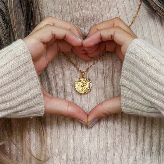 18K Gold Plated Double Side Zircon Moon Star Necklace, Designer Necklace Coin Pendant Necklace