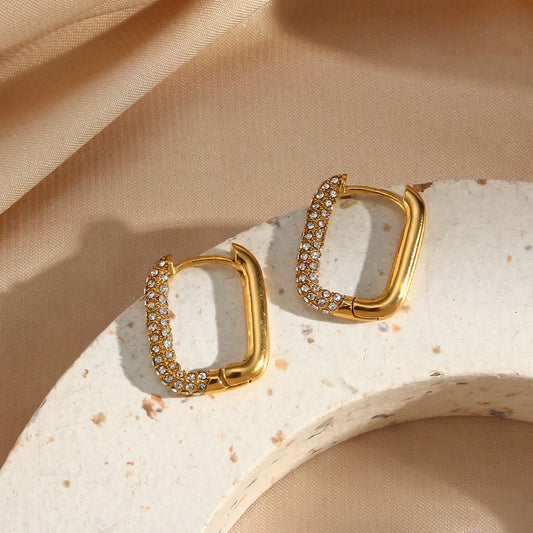 18K Gold Plated Elegant Geometric Zircon Huggie Earrings, Diamond Square Hoop Earrings, Gold Plated Stainless Steel Hoop Earring