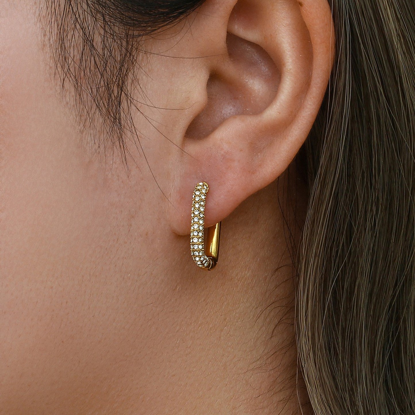18K Gold Plated Elegant Geometric Zircon Huggie Earrings,  Diamond Square Hoop Earrings,  Gold Plated Stainless Steel Hoop Earring