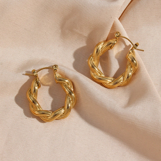 18K Gold Non Tarnish Chunky Striped Texture Twisted Hoop Earrings, Jewelry Gold Plated Stainless Steel Hoop Earring