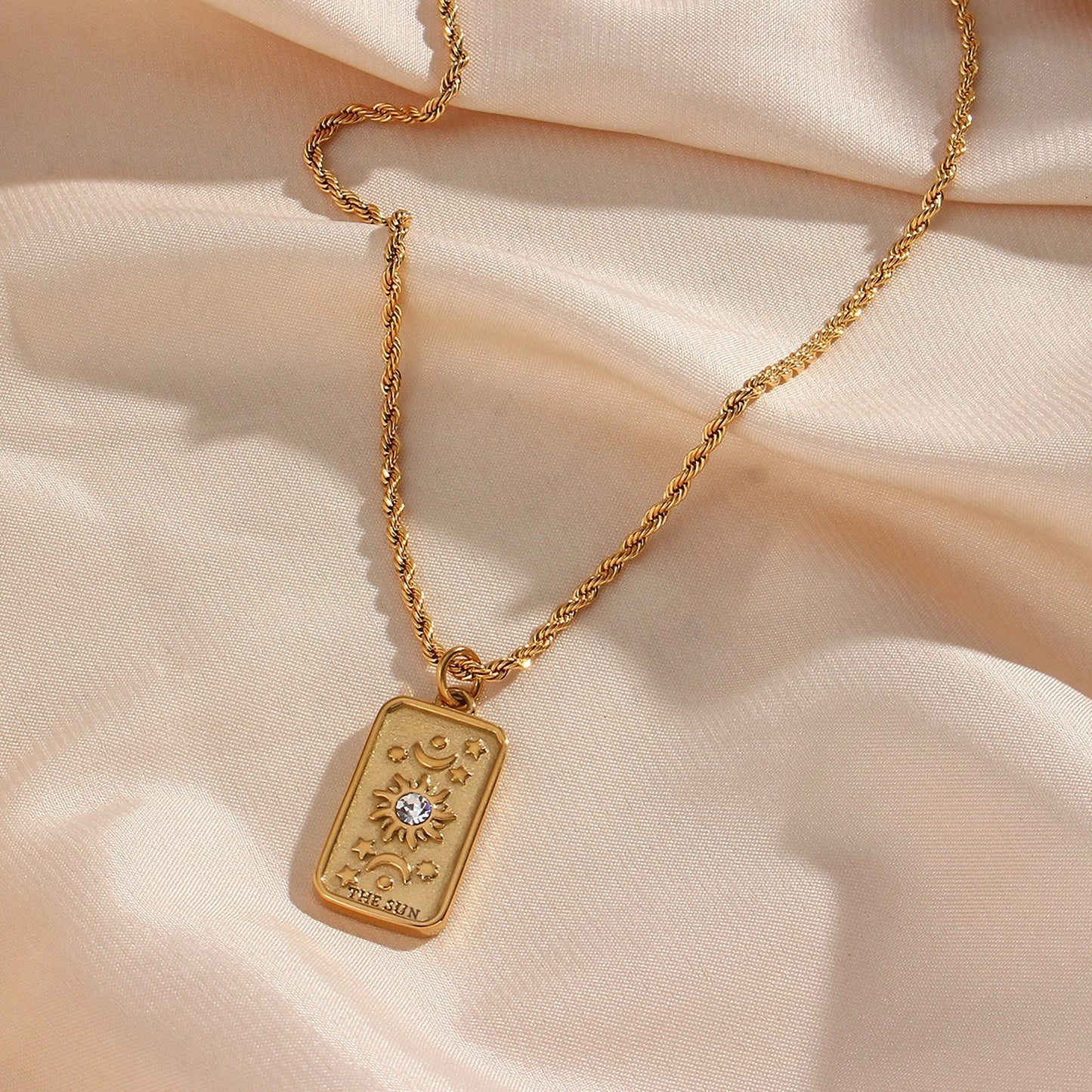 18K Gold Square Zircon Sun Star Tarot Card Pendant Necklace Lovers Engraved
