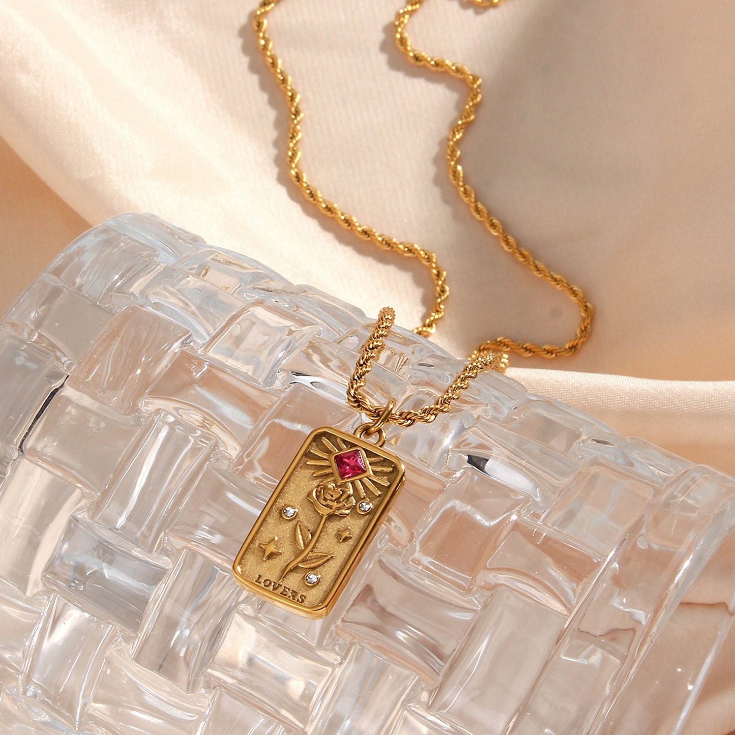 18K Gold Square Zircon Sun Star Tarot Card Pendant Necklace Lovers Engraved