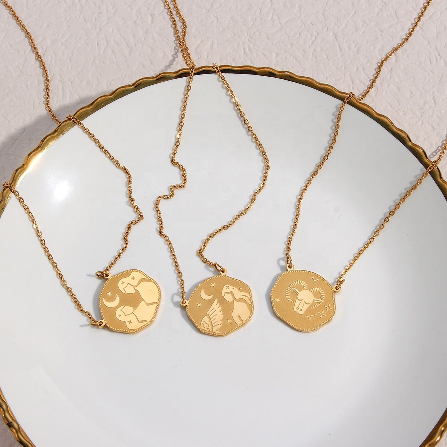 18K Gold Tarnish Free Irregular Disc Horoscope Stainless Steel Link Chain Pendant Necklace