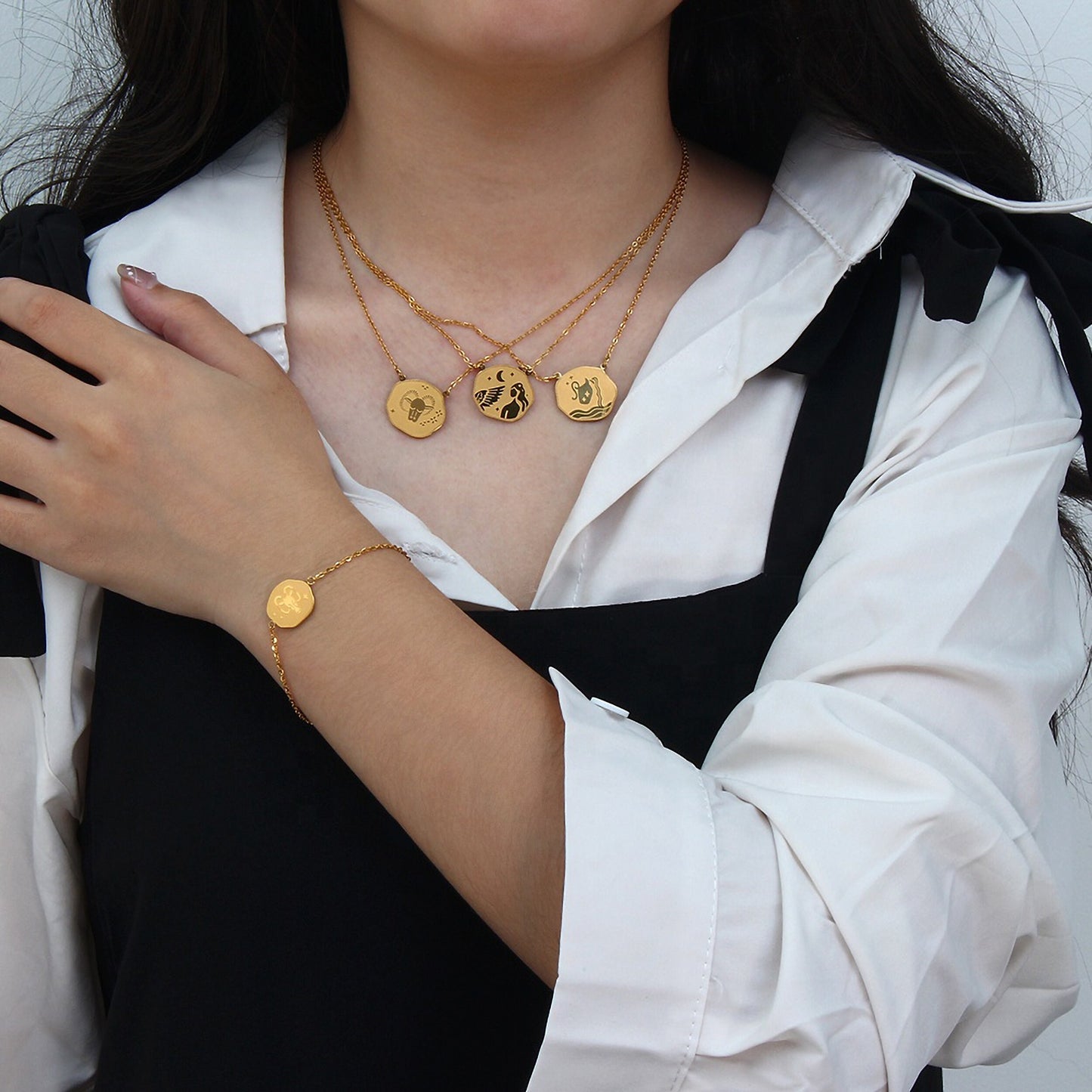 18K Gold Tarnish Free Irregular Disc Horoscope Stainless Steel Link Chain Pendant Necklace
