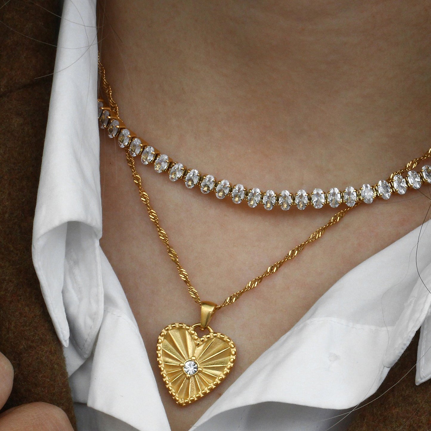 18K Gold Plated Vintage Leaf Texture Heart Pendant Necklace Coin Star Zircon Necklace Gold Plated Jewelry