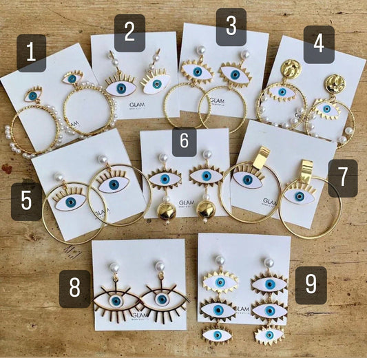 Gold Color Circle Loop Pearl Wiring Evil Eye Dangle Earrings, Boho Earrings, Bohemian Evil Eye Earrings