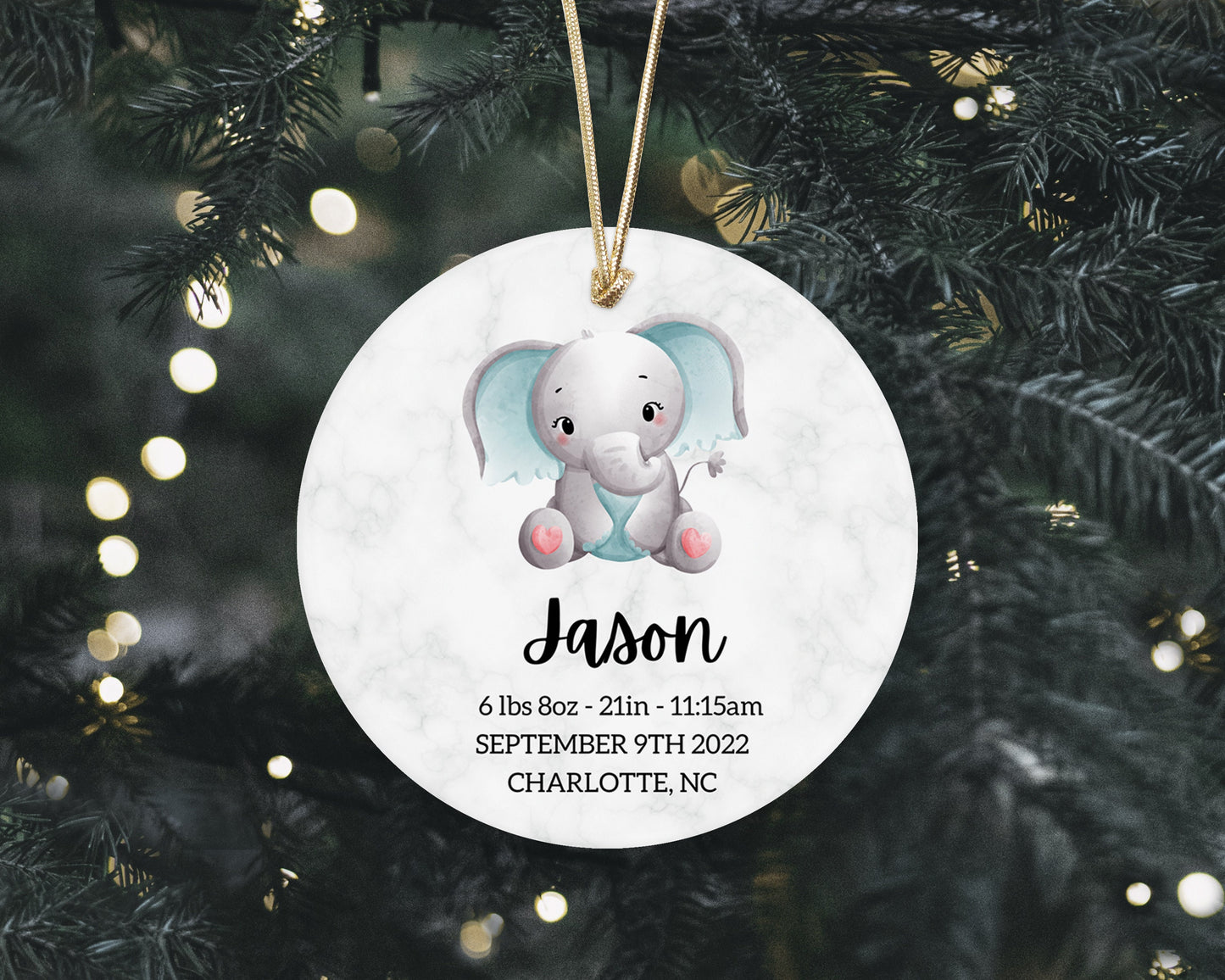 Baby's First Elephant Boy Christmas Ornament - Personalized Baby Stats First Christmas Ornament - Custom Baby Ceramic Christmas Ornament