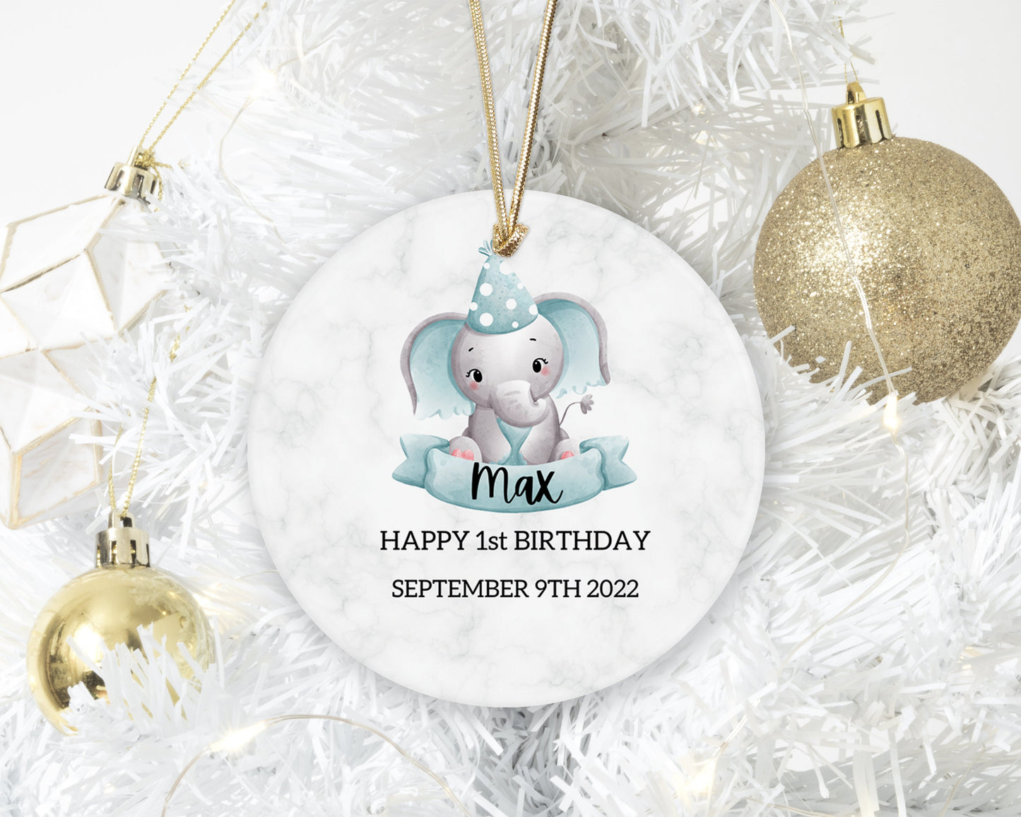 Baby's First Elephant Personalized Christmas Ornament - Baby boy Stats Elephant First Christmas Ornament - Custom Baby Ceramic Ornament