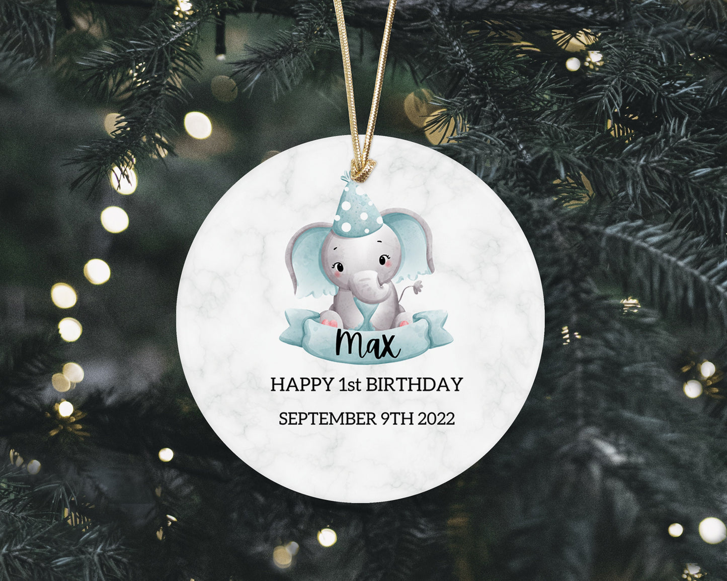Baby's First Elephant Personalized Christmas Ornament - Baby boy Stats Elephant First Christmas Ornament - Custom Baby Ceramic Ornament