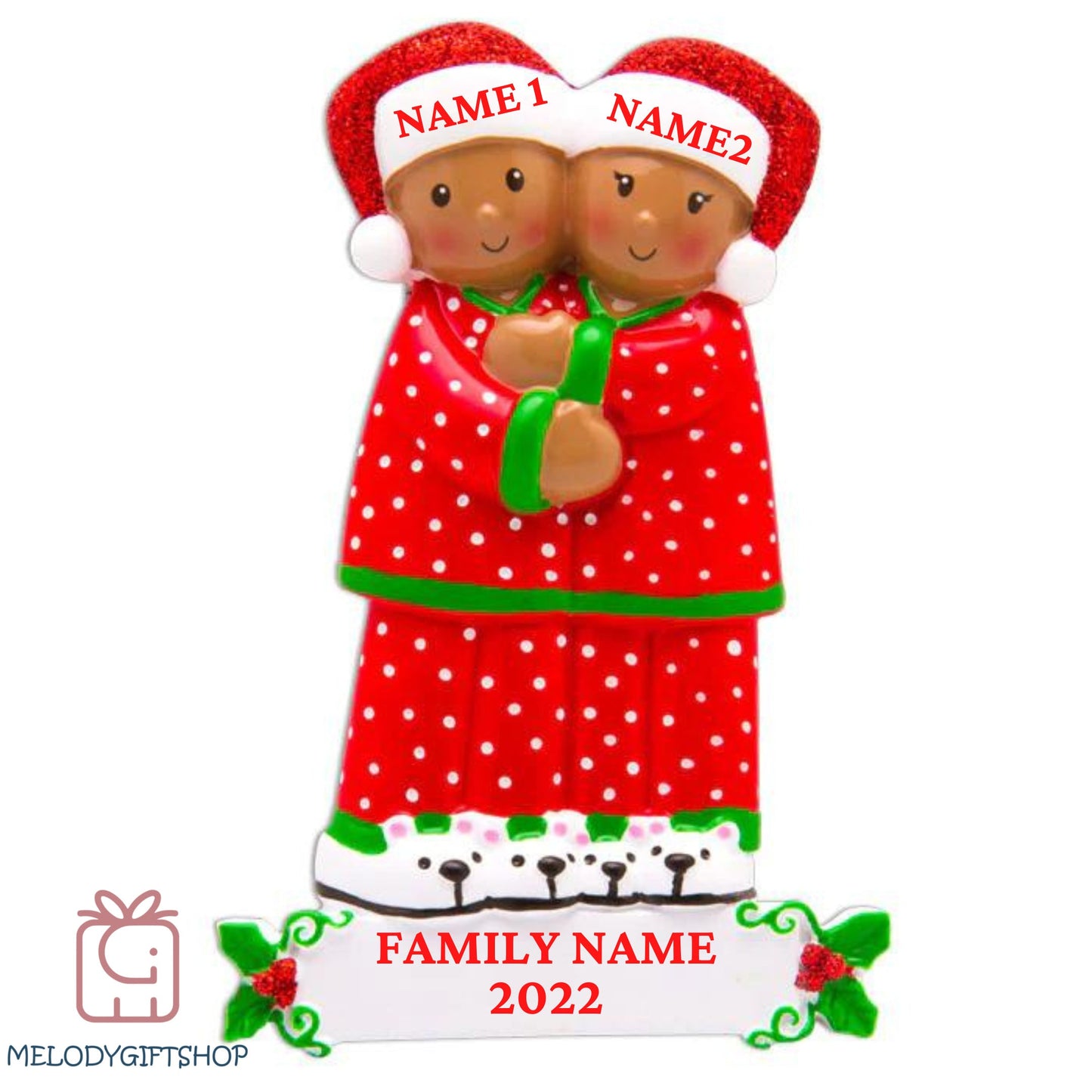 African American Ornament 2024- Family of 2 People Christmas Ornament, Brown Skin Pajama Family Ornament, Personalized Gift, Couple Ornament
