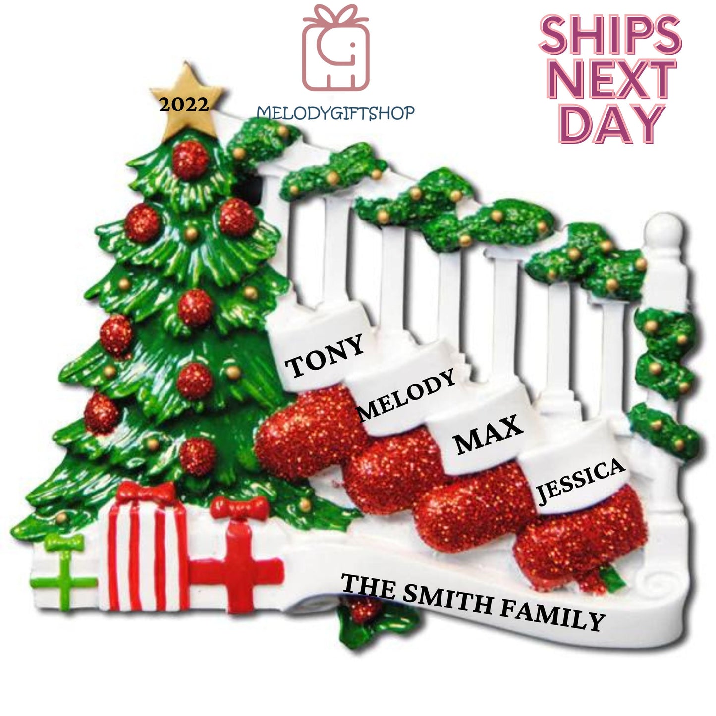 Stocking Family for 4 Christmas Ornament 2022 - Personalized Christmas Ornament- Personalized Gift 2022 Ornament Family Stocking