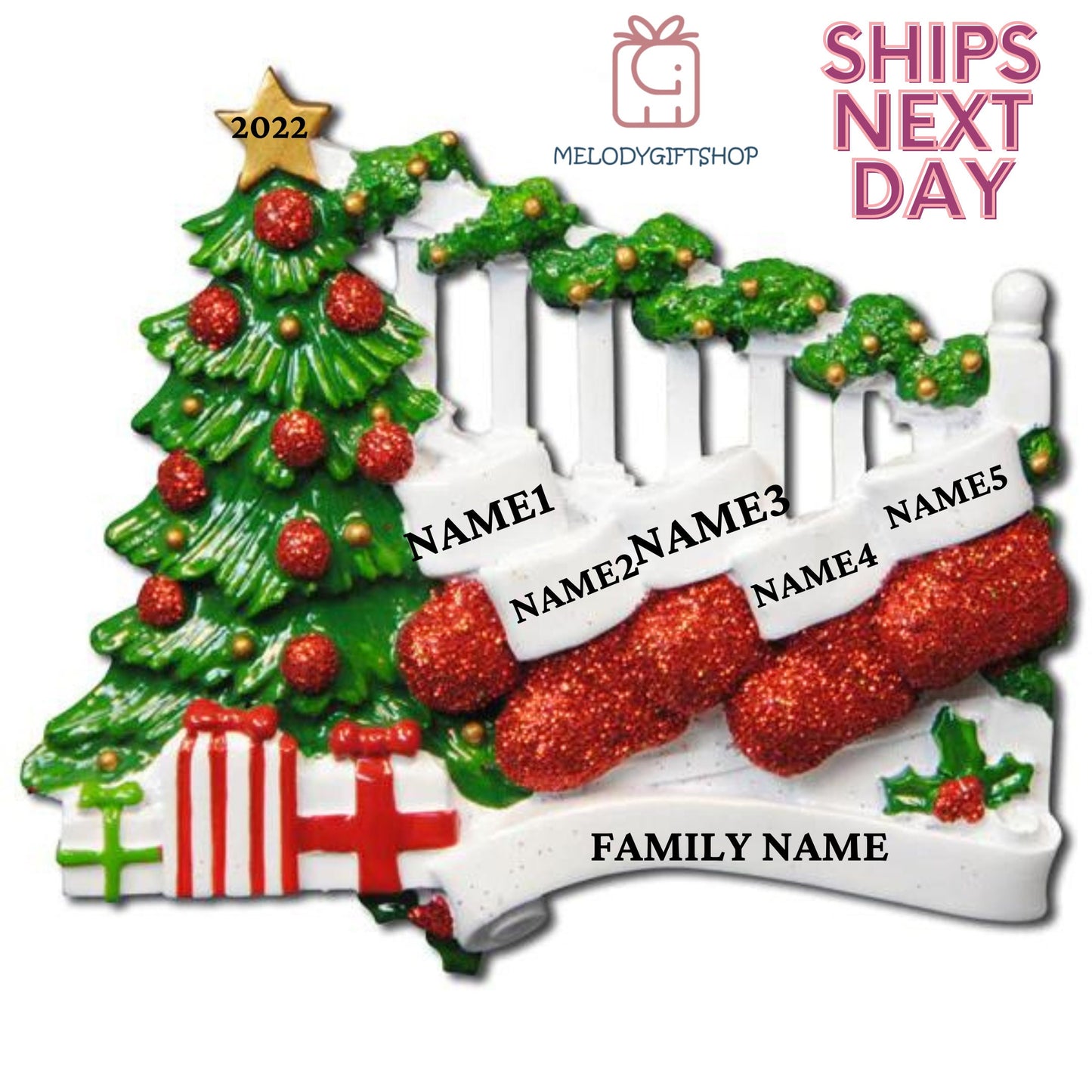 Stocking Family for 5 Christmas Ornament 2023 - Personalized Christmas Ornament- Personalized Gift 2023 Ornament Family Stocking Christmas