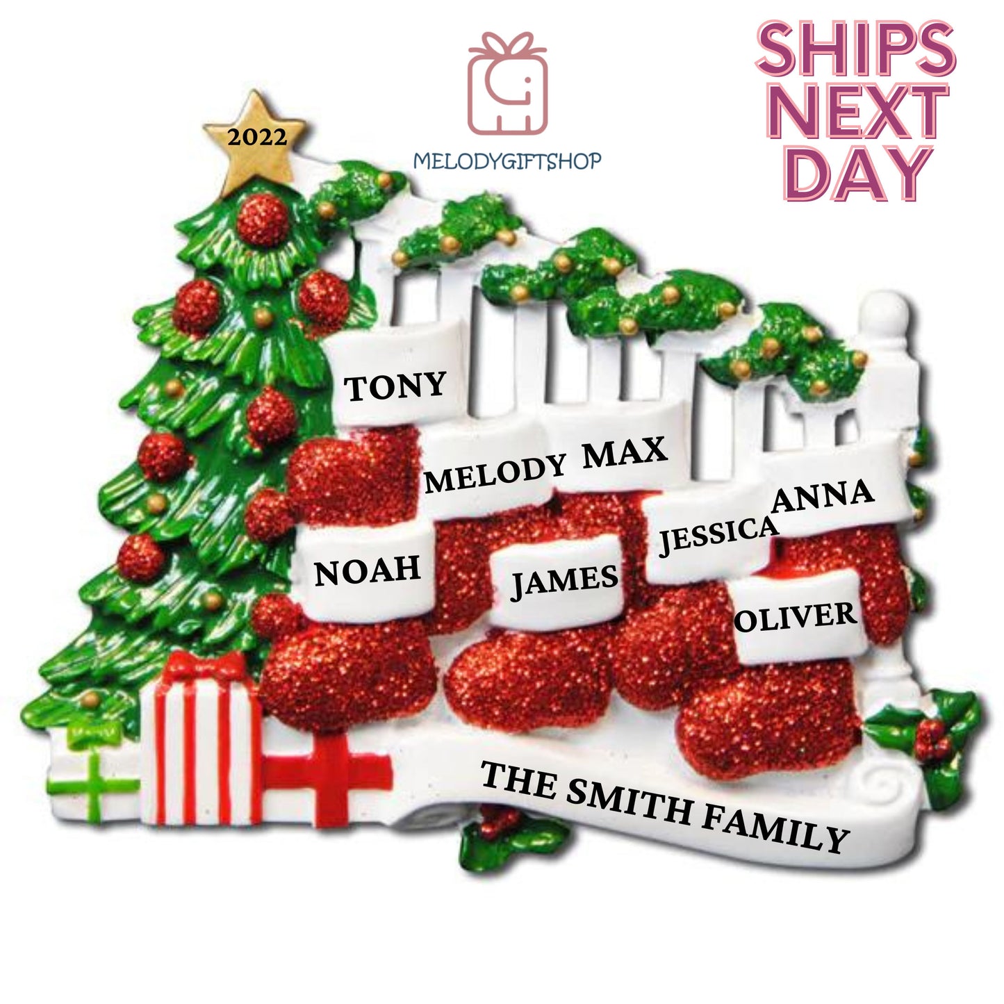 Stocking Family for 8 Christmas Ornament 2023 - Personalized Christmas Ornament- Personalized Gift 2023 Ornament Family Stocking Christmas